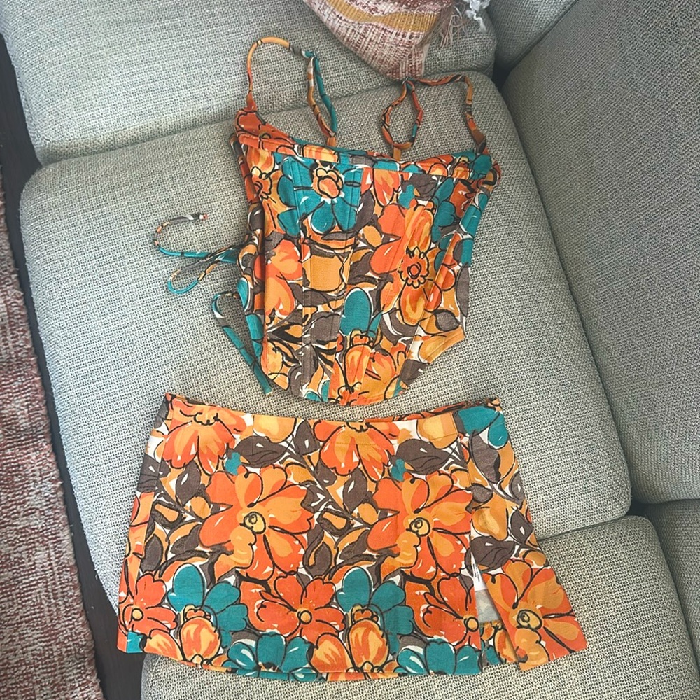 Miaou Floral Mini Skirt Set in Orange, Teal, Brown